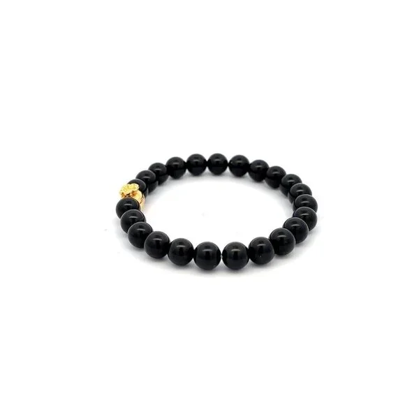 18K Gold Charm Bracelet Natural Black Tourmaline Gemstones 6mm Money Bag - Picture 4 of 5